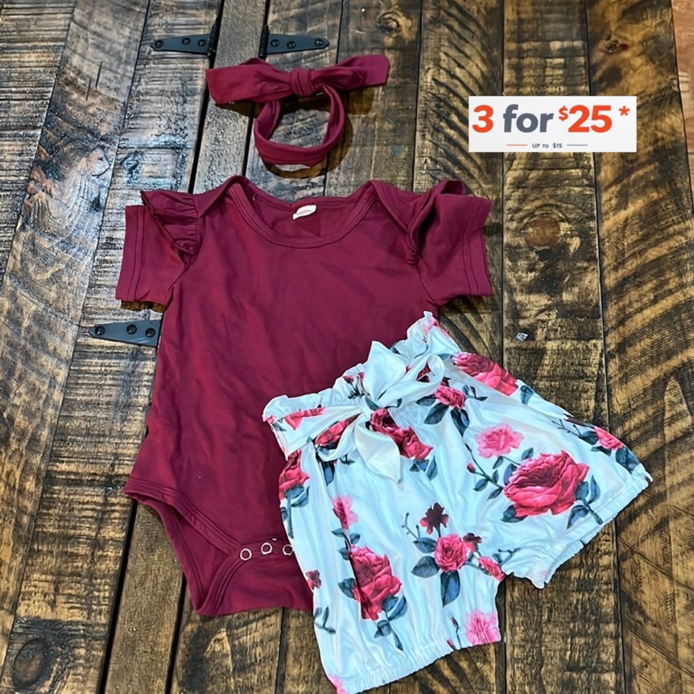 Floral Baby Outfit Set with Headband burgundy rose boutique